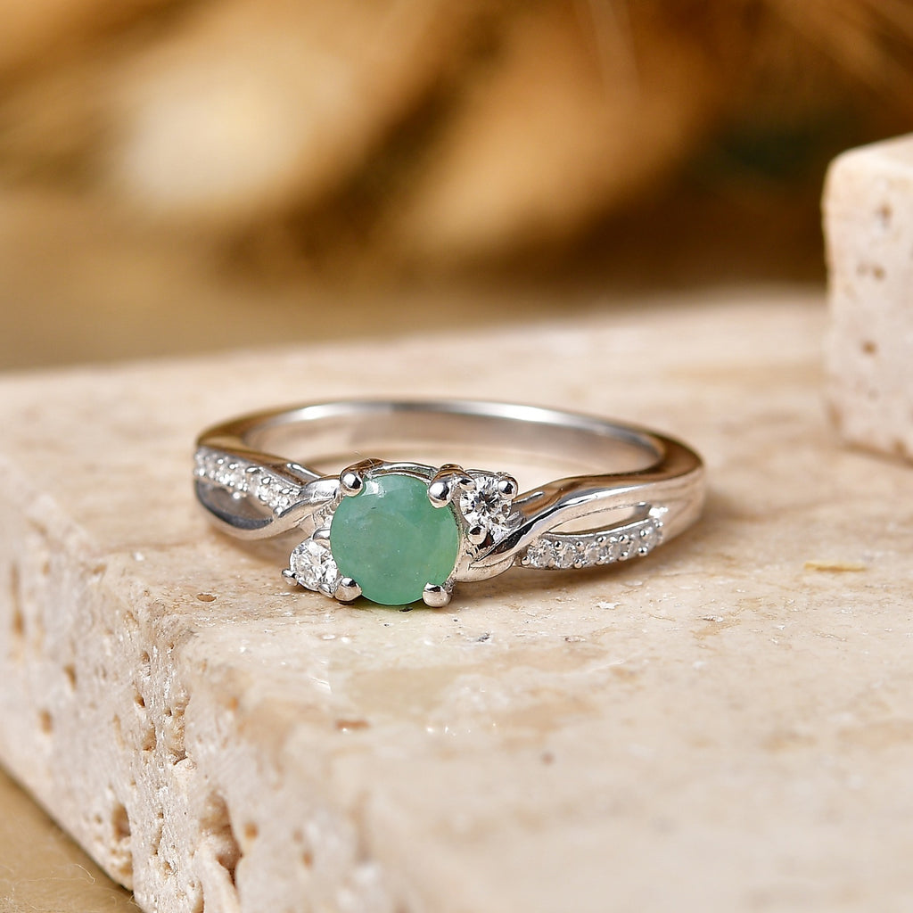 D'Joy - Socoto Emerald & Moissanite Ring in Rhodium Overlay Sterling Silver_8588043_2
