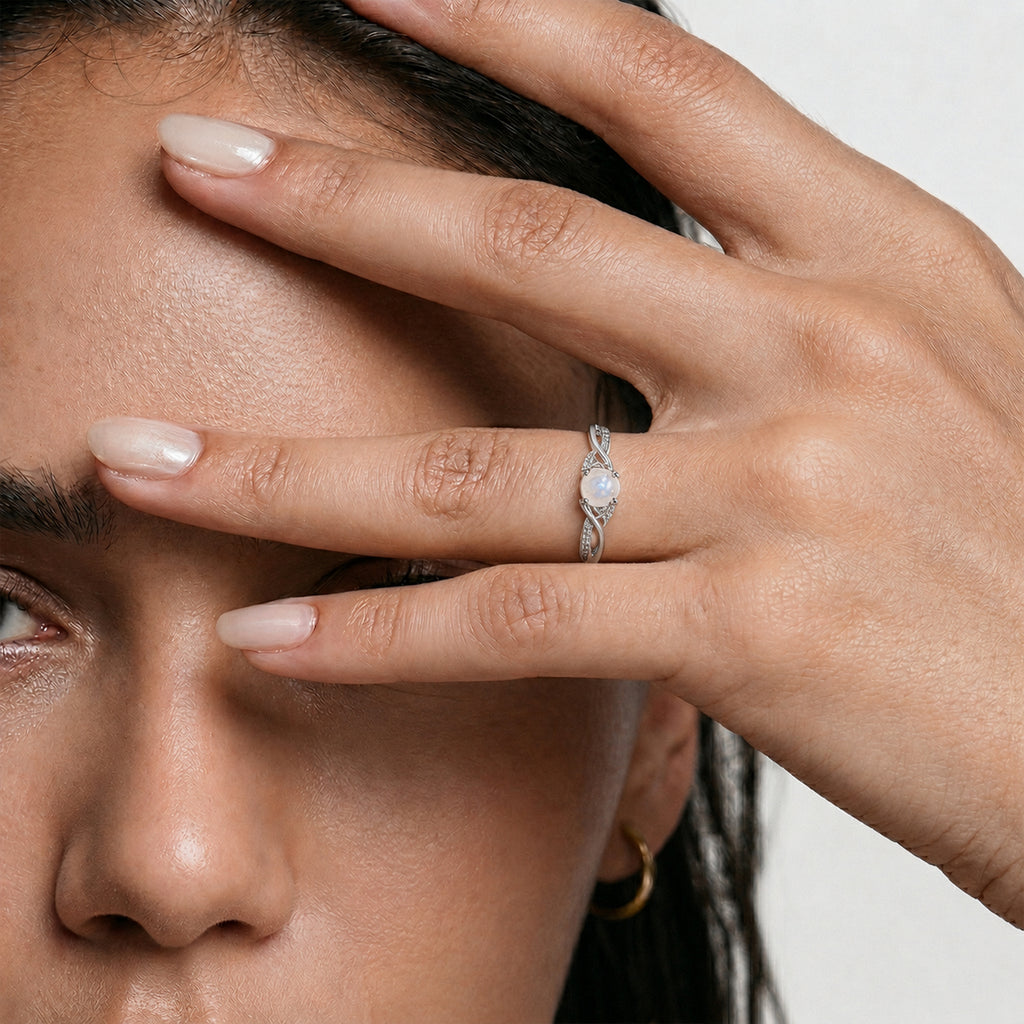 D'Joy - Rainbow Moonstone Glow & Moissanite Ring in Rhodium Overlay Sterling Silver_8588066_1