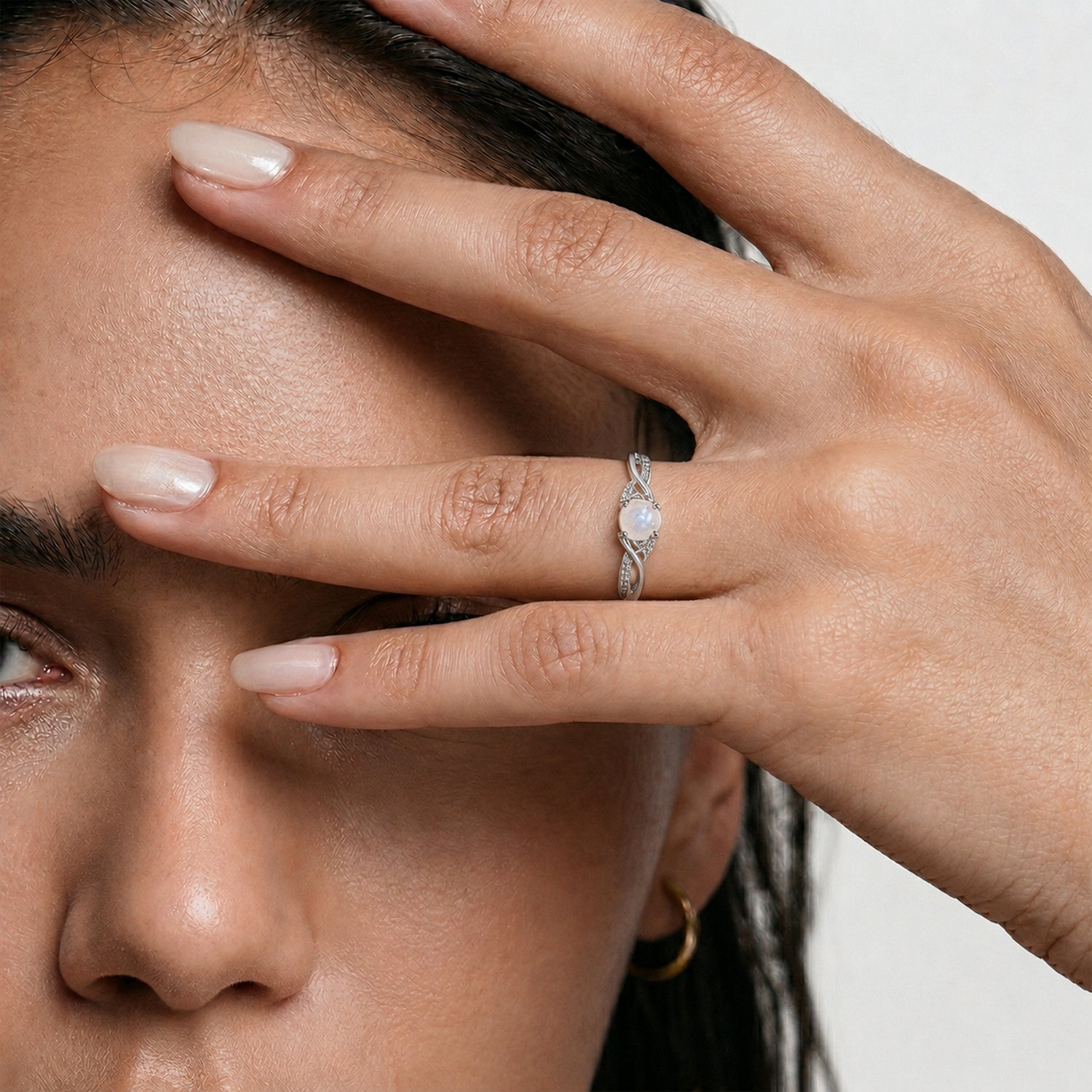 D'Joy - Rainbow Moonstone Glow &amp; Moissanite Ring in Rhodium Overlay Sterling Silver 8588066 1