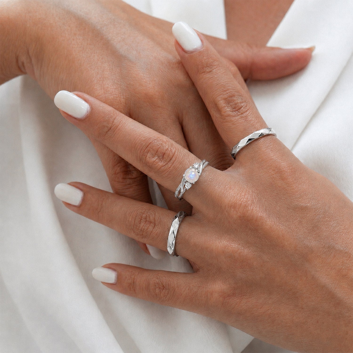 D'Joy - Rainbow Moonstone Glow &amp; Moissanite Ring in Rhodium Overlay Sterling Silver 8588066 2