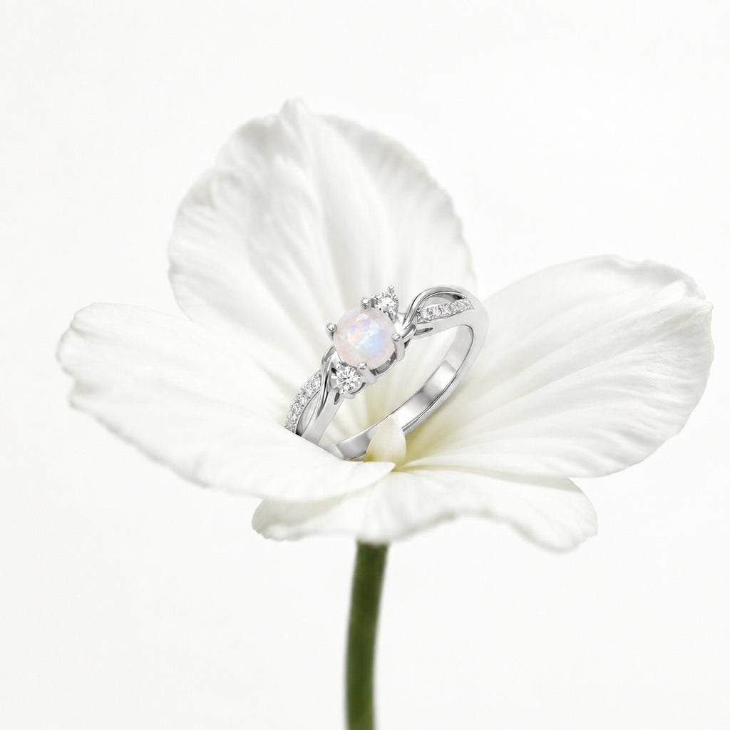 D'Joy - Rainbow Moonstone Glow & Moissanite Ring in Rhodium Overlay Sterling Silver_8588066_5