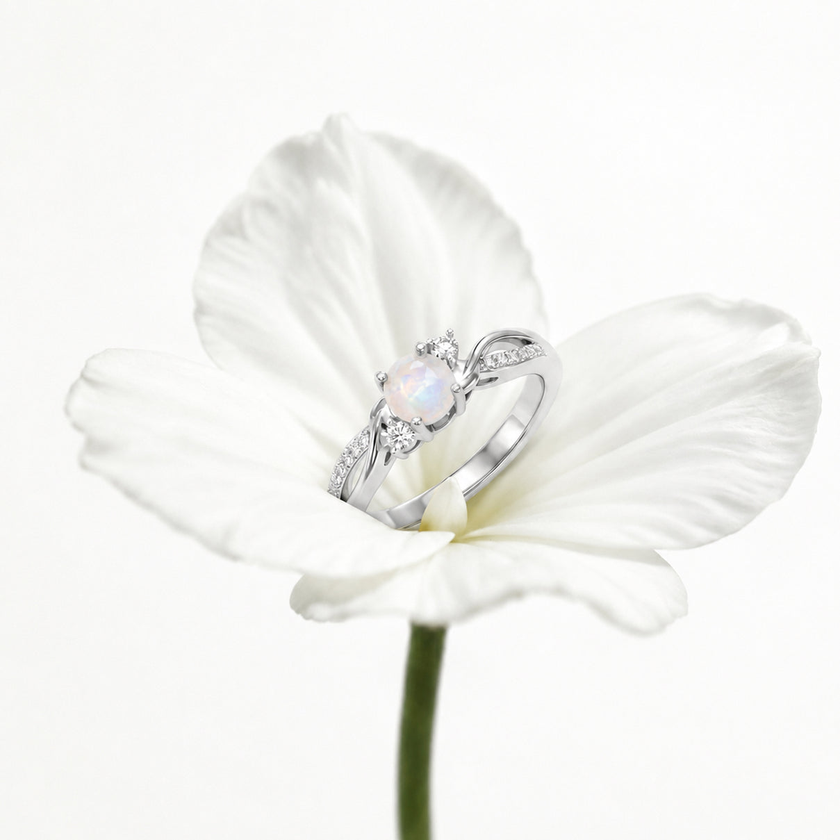 D'Joy - Rainbow Moonstone Glow &amp; Moissanite Ring in Rhodium Overlay Sterling Silver 8588066 5