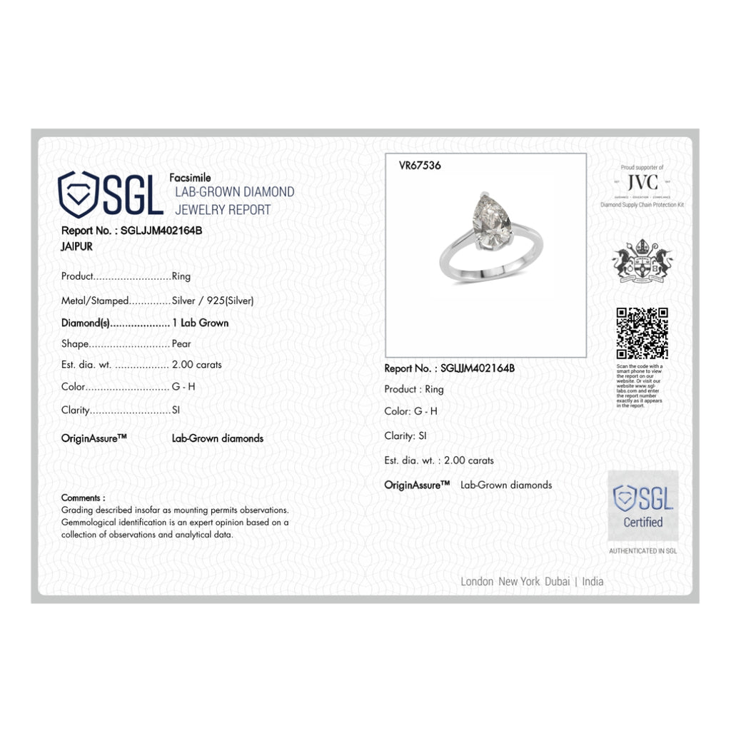 Luxuriant - SGL Certified Lab Grown Diamond (SI/G-H) Pear Cut Solitaire Ring in Rhodium Overlay Sterling Silver 2.00 Ct._8588195_6