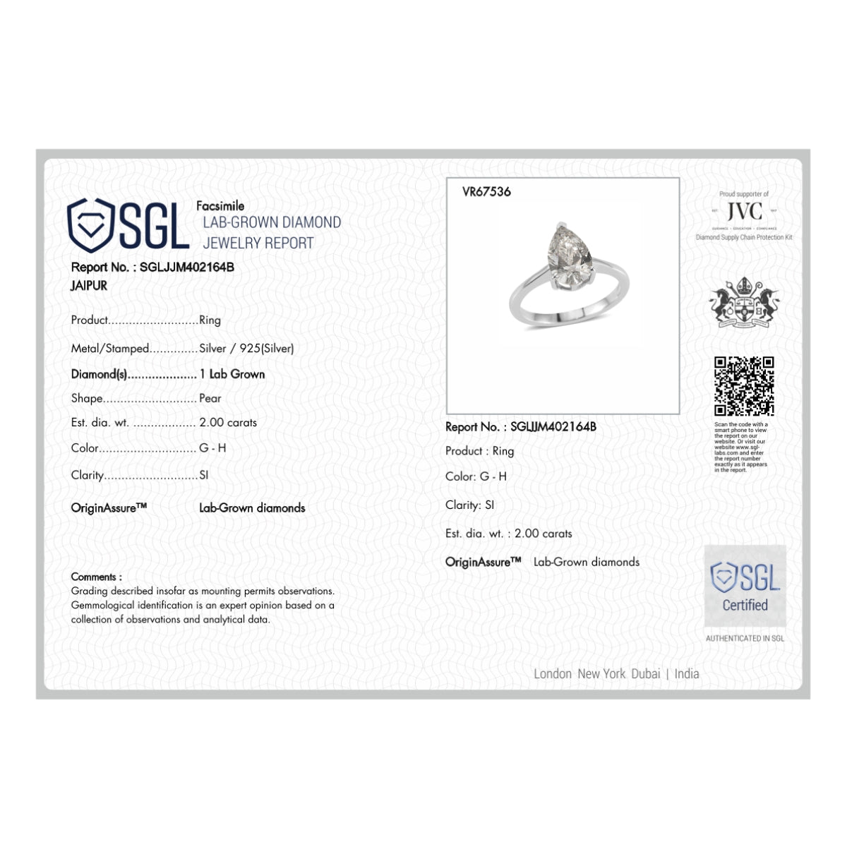 LUXURIANT 2 Ct. Lab Grown Diamond Pear Cut Solitaire Ring in Rhodium Overlay Sterling Silver SGL Certified 8588195 7