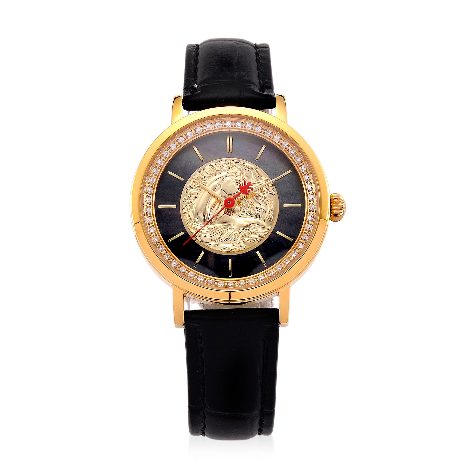 William Hunt 3D Horse Motif &amp; Apricot MOP Dial Ronda Swiss Movement 5ATM with 50 Lab Grown Diamonds (VS-E-F) &amp; Black Leather Strap V32528173 0