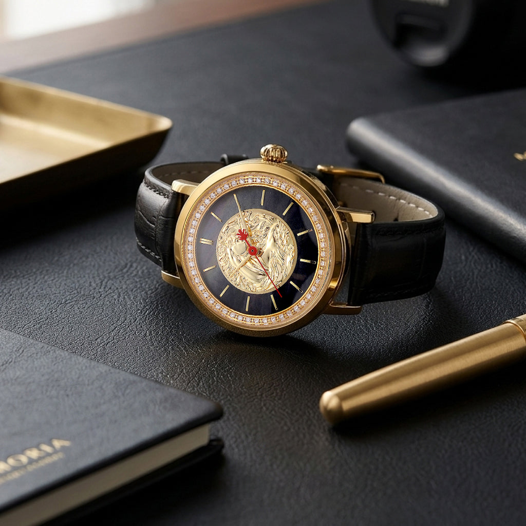 William Hunt 3D Horse Motif &amp; Apricot MOP Dial Ronda Swiss Movement 5ATM with 50 Lab Grown Diamonds (VS-E-F) &amp; Black Leather Strap V32528173 2
