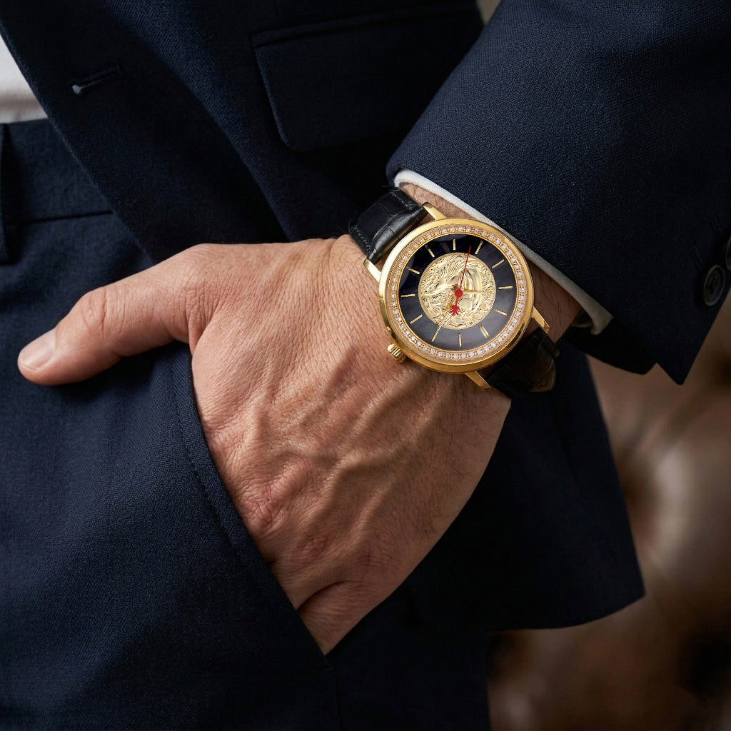 William Hunt 3D Horse Motif &amp; Apricot MOP Dial Ronda Swiss Movement 5ATM with 50 Lab Grown Diamonds (VS-E-F) &amp; Black Leather Strap V32528173 3