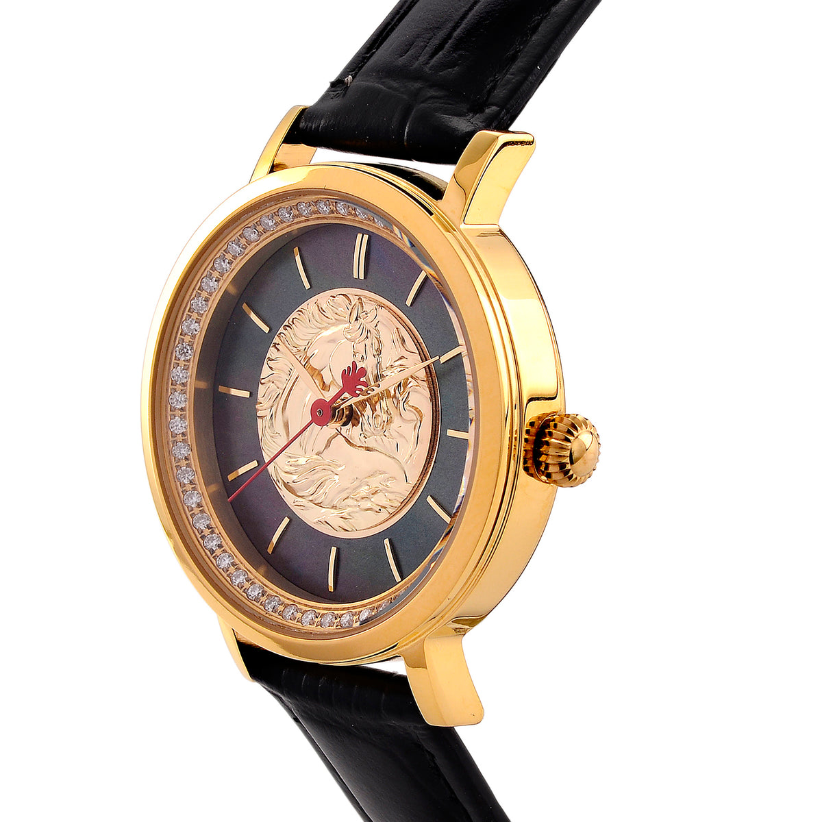 William Hunt 3D Horse Motif &amp; Apricot MOP Dial Ronda Swiss Movement 5ATM with 50 Lab Grown Diamonds (VS-E-F) &amp; Black Leather Strap V32528173 4