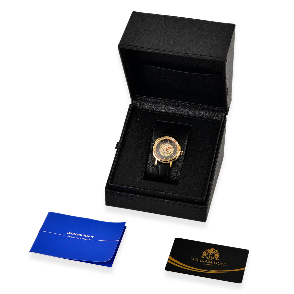William Hunt 3D Horse Motif &amp; Apricot MOP Dial Ronda Swiss Movement 5ATM with 50 Lab Grown Diamonds (VS-E-F) &amp; Black Leather Strap V32528173 9
