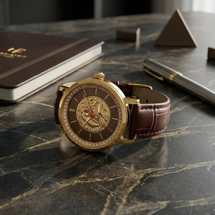 William Hunt 3D Horse Ronda 763 Swiss Movement 5ATM WR Brown MOP Lab Diamond Dial &amp; IPG 304 Stainless Steel Case Womens Watch with Brown Leather Strap 8588372 2