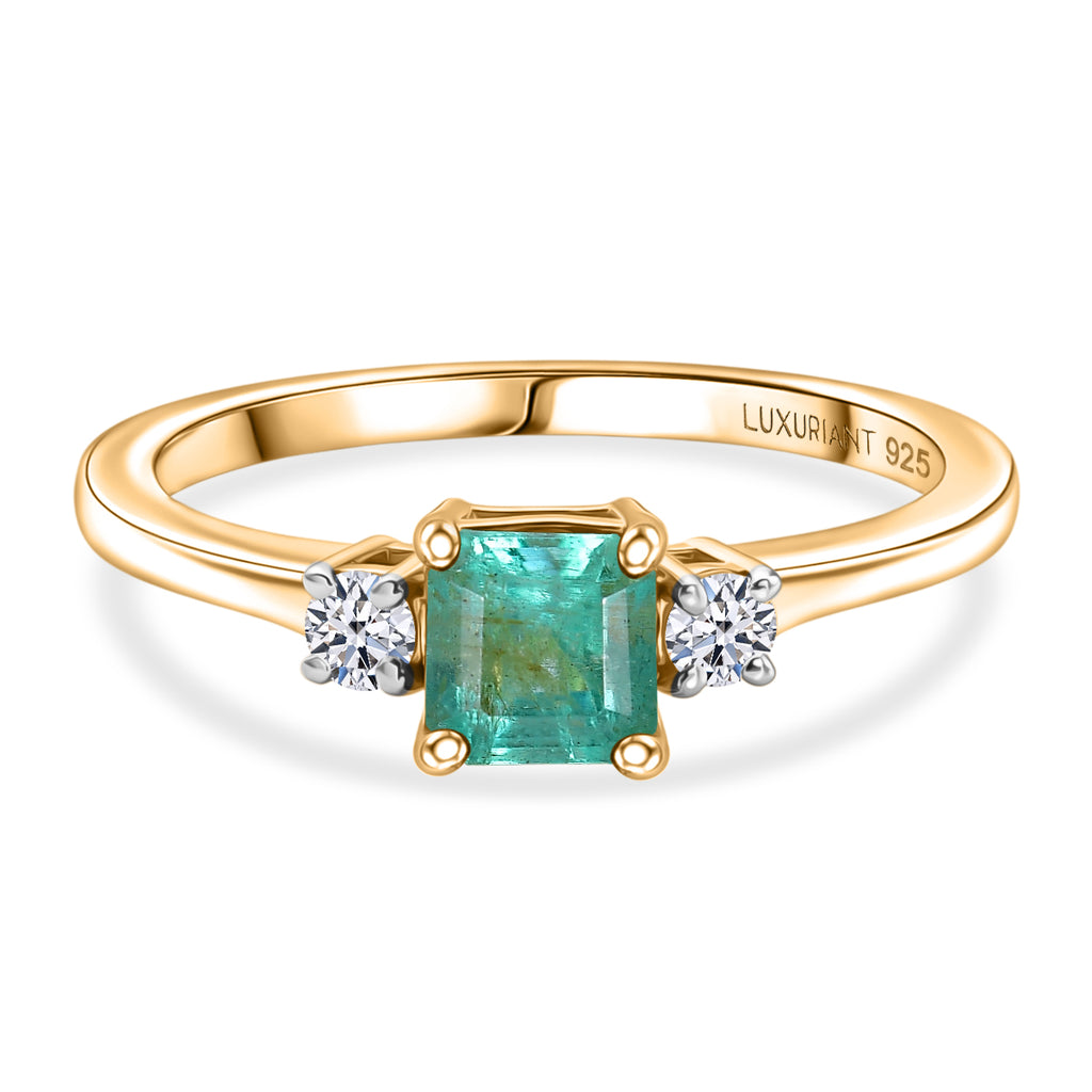 Luxuriant - Zambian Emerald & Lab Grown Diamond (SI/G-H) Solitaire Ring in 18K Vermeil Yellow Gold Plated Sterling Silver 0.78 Ct._8588590