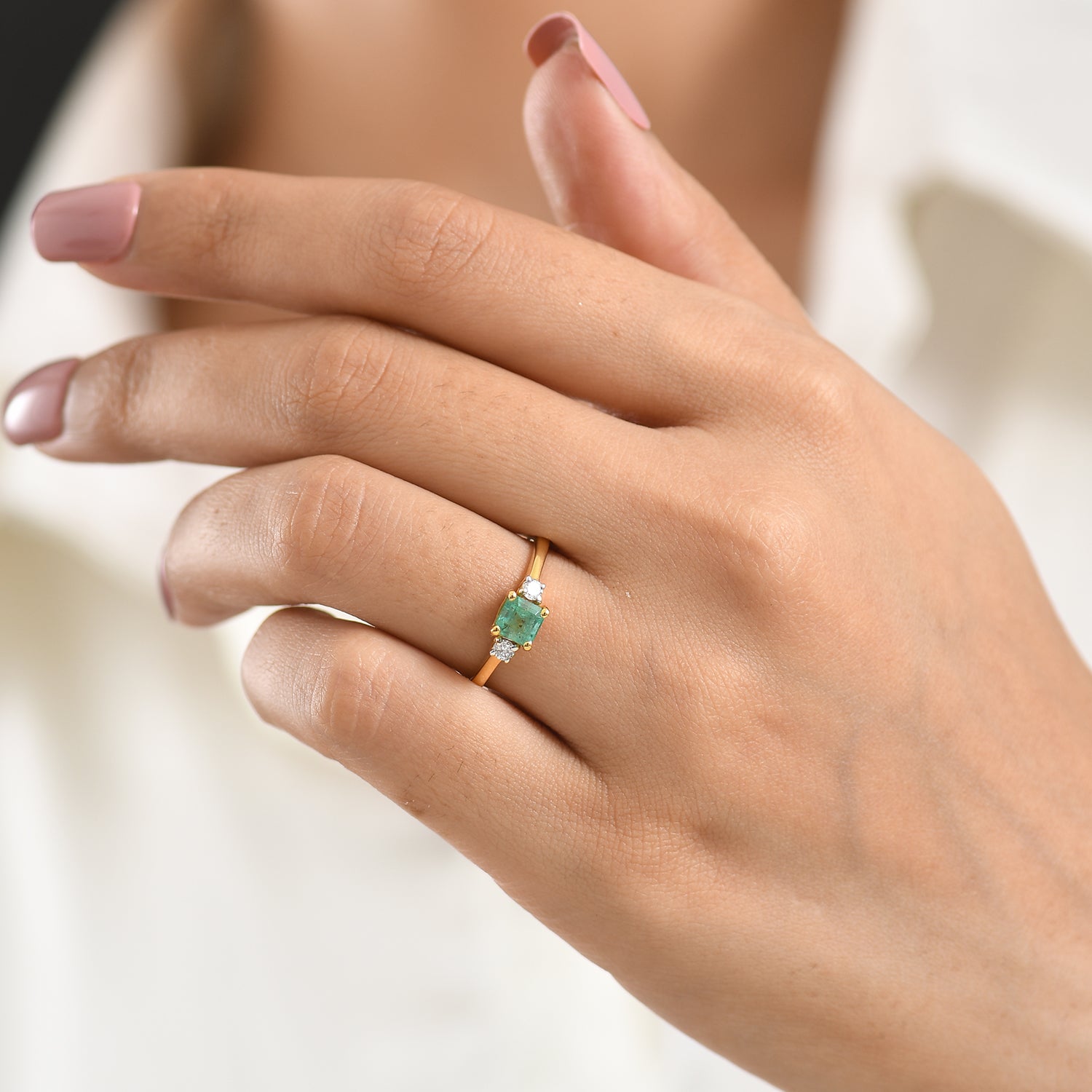Luxuriant - Zambian Emerald &amp; Lab Grown Diamond (SI/G-H) Solitaire Ring in 18K Vermeil Yellow Gold Plated Sterling Silver 0.78 Ct. 8588590 2