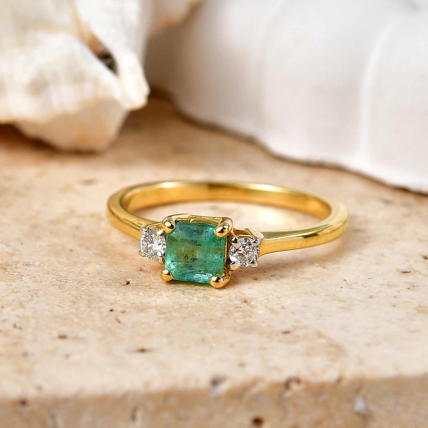 Luxuriant - Zambian Emerald &amp; Lab Grown Diamond (SI/G-H) Solitaire Ring in 18K Vermeil Yellow Gold Plated Sterling Silver 0.78 Ct. 8588590 3