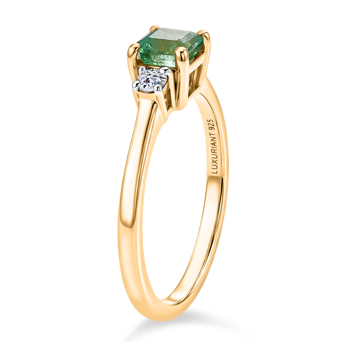 Luxuriant - Zambian Emerald &amp; Lab Grown Diamond (SI/G-H) Solitaire Ring in 18K Vermeil Yellow Gold Plated Sterling Silver 0.78 Ct. 8588590 4
