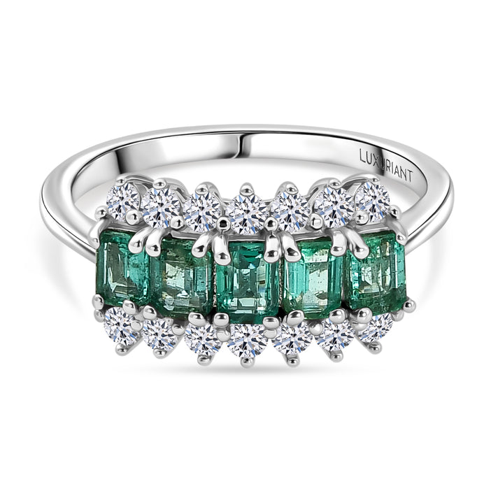 Luxuriant - AAA Gemfields Zambian Emerald &amp; Lab Grown Diamond (SI-G-H) Cluster Ring in Rhodium Overlay Sterling Silver 1.48 Ct. 8588596 1