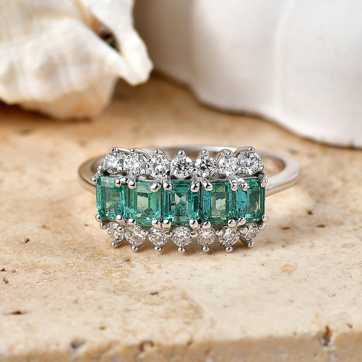 Luxuriant - AAA Gemfields Zambian Emerald &amp; Lab Grown Diamond (SI-G-H) Cluster Ring in Rhodium Overlay Sterling Silver 1.48 Ct. 8588596 2