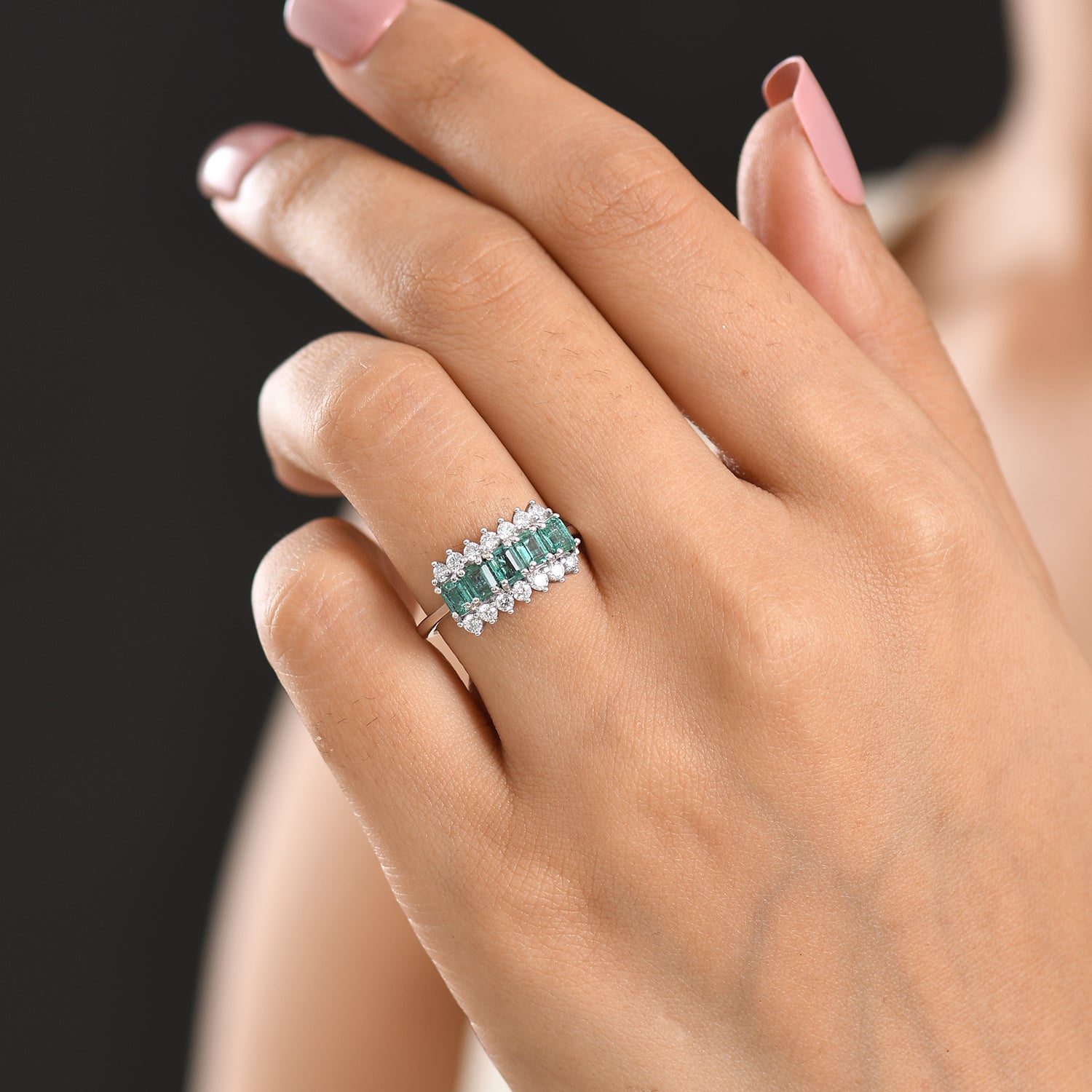 Luxuriant - AAA Gemfields Zambian Emerald &amp; Lab Grown Diamond (SI-G-H) Cluster Ring in Rhodium Overlay Sterling Silver 1.48 Ct. 8588596 3