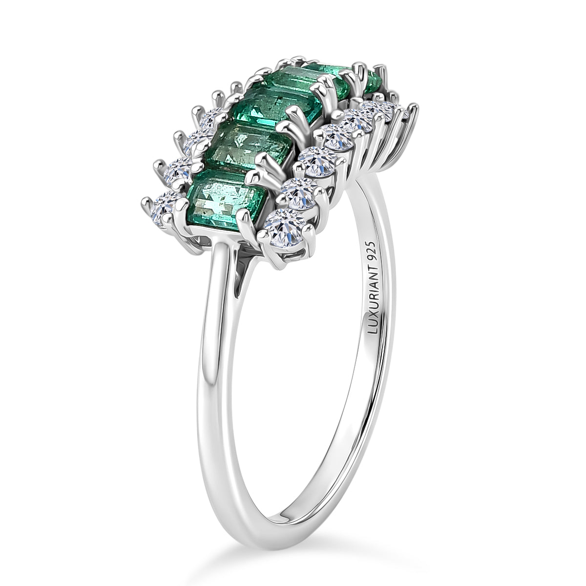 Luxuriant - AAA Gemfields Zambian Emerald &amp; Lab Grown Diamond (SI-G-H) Cluster Ring in Rhodium Overlay Sterling Silver 1.48 Ct. 8588596 4