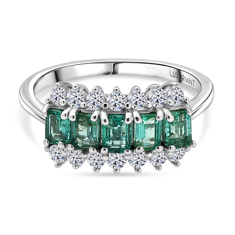 Luxuriant - AAA Gemfields Zambian Emerald & Lab Grown Diamond (SI/G-H) Cluster Ring in Rhodium Overlay Sterling Silver 1.48 Ct._8588597