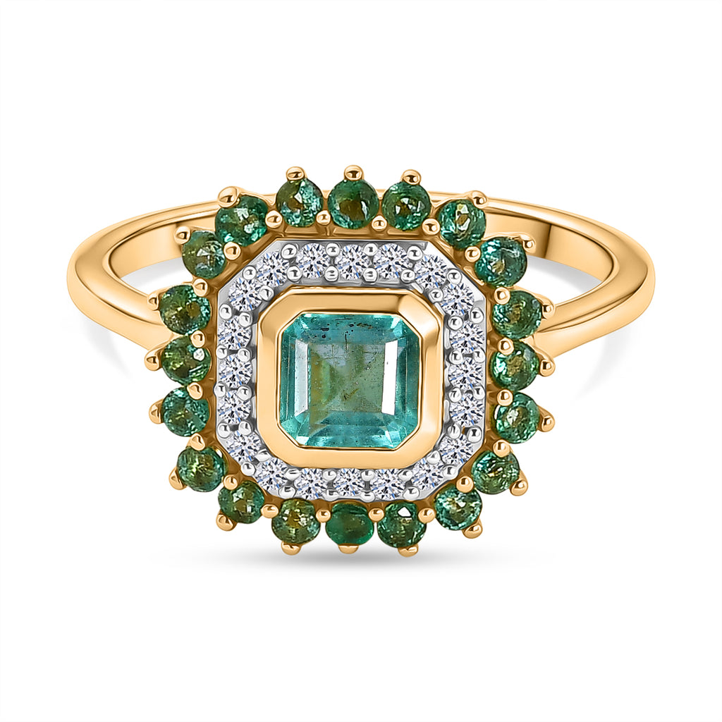 Luxuriant - AAA Gemfields Zambian Emerald & Lab Grown Diamond (SI/G-H) Halo Ring in 18K Vermeil Yellow Gold Plated Sterling Silver 1.30 Ct._8588610