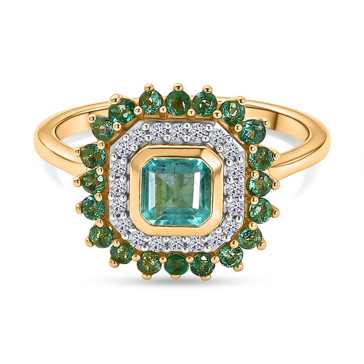 Luxuriant - AAA Gemfields Zambian Emerald &amp; Lab Grown Diamond (SI-G-H) Halo Ring in 18K Vermeil Yellow Gold Plated Sterling Silver 1.30 Ct. 8588610 1
