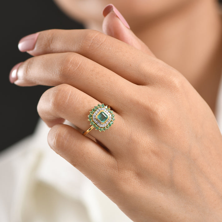 Luxuriant - AAA Gemfields Zambian Emerald &amp; Lab Grown Diamond (SI-G-H) Halo Ring in 18K Vermeil Yellow Gold Plated Sterling Silver 1.30 Ct. 8588610 2
