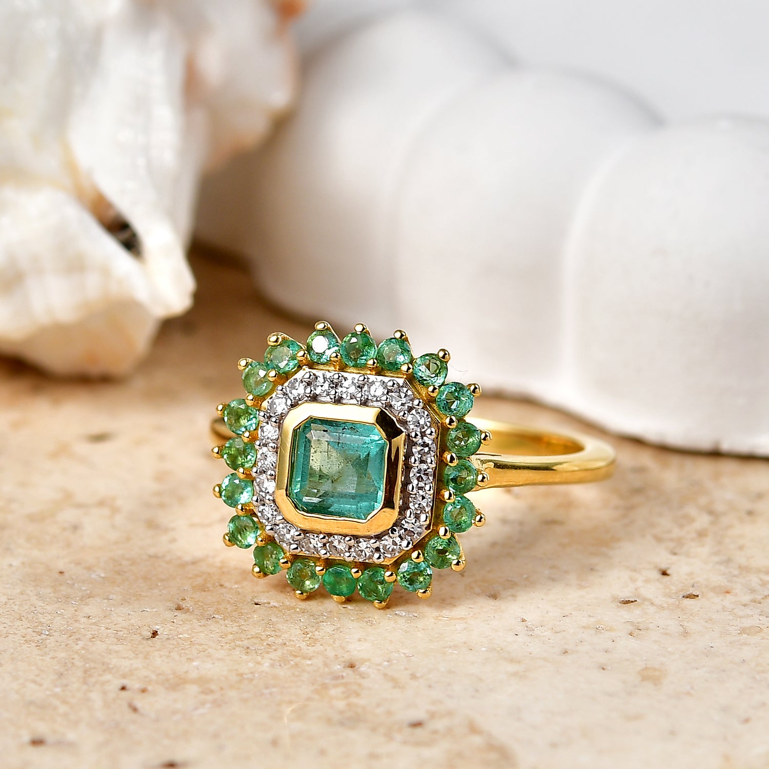 Luxuriant - AAA Gemfields Zambian Emerald &amp; Lab Grown Diamond (SI-G-H) Halo Ring in 18K Vermeil Yellow Gold Plated Sterling Silver 1.30 Ct. 8588610 3