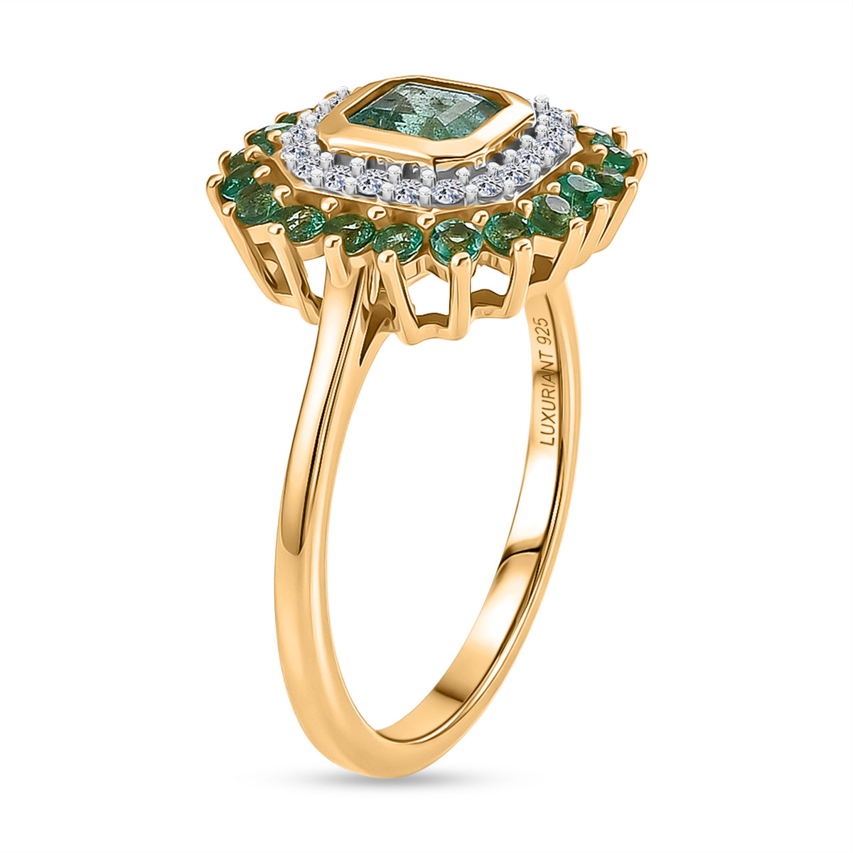 Luxuriant - AAA Gemfields Zambian Emerald &amp; Lab Grown Diamond (SI-G-H) Halo Ring in 18K Vermeil Yellow Gold Plated Sterling Silver 1.30 Ct. 8588610 4