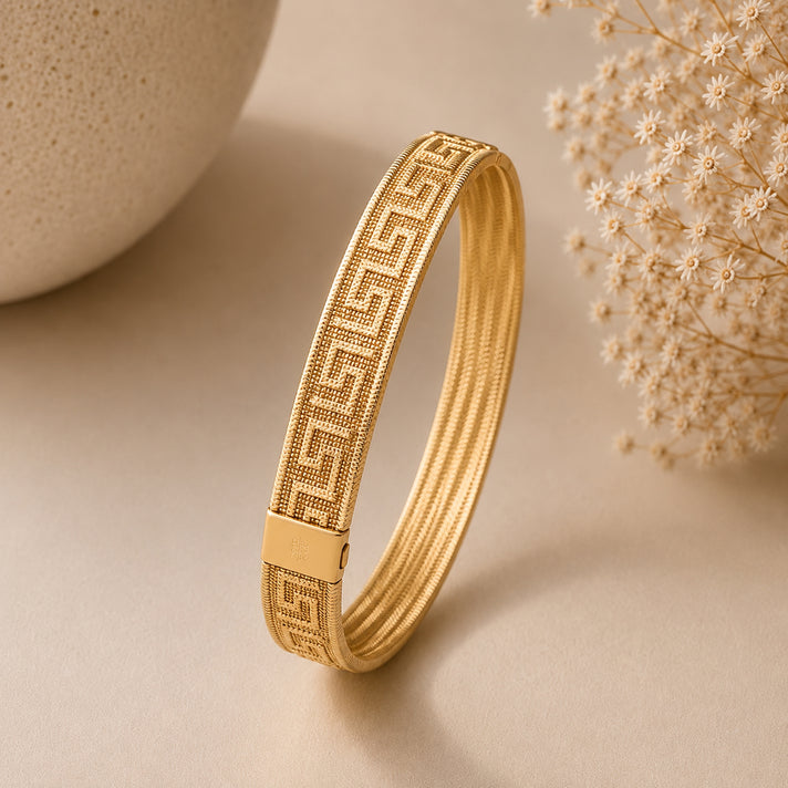 9K Yellow Gold 11.2MM Greek Key Mesh Bracelet 7 Inch 8588632 2