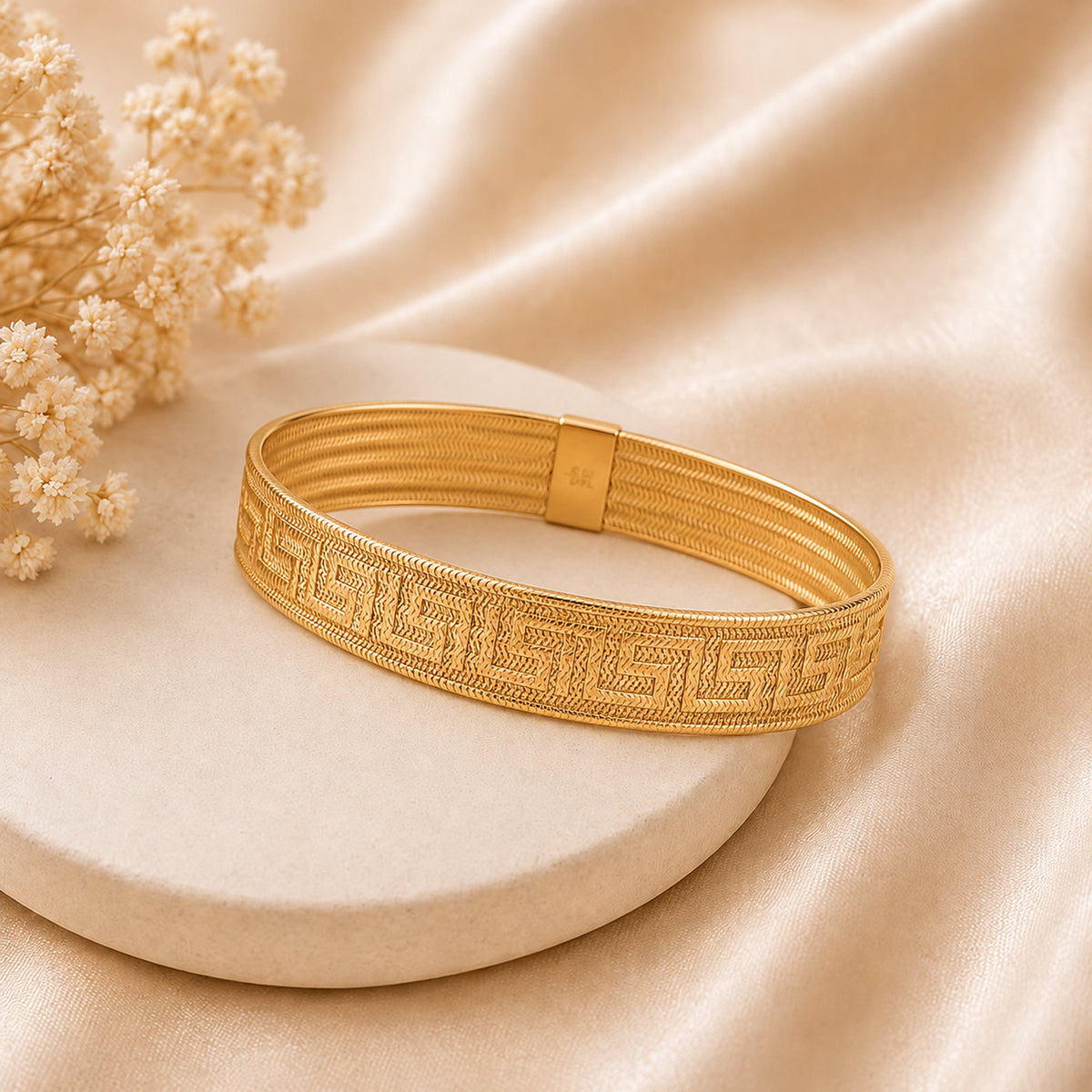 9K Yellow Gold 11.2MM Greek Key Mesh Bracelet 7 Inch 8588632 3
