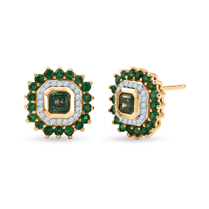 Luxuriant - AAA Gemfields Zambian Emerald &amp; Lab Grown Diamond (SI-G-H) Halo Earring with Push Post in 18K Vermeil Yellow Gold Plated Sterling Silver 1.86 Ct. 8588651 1
