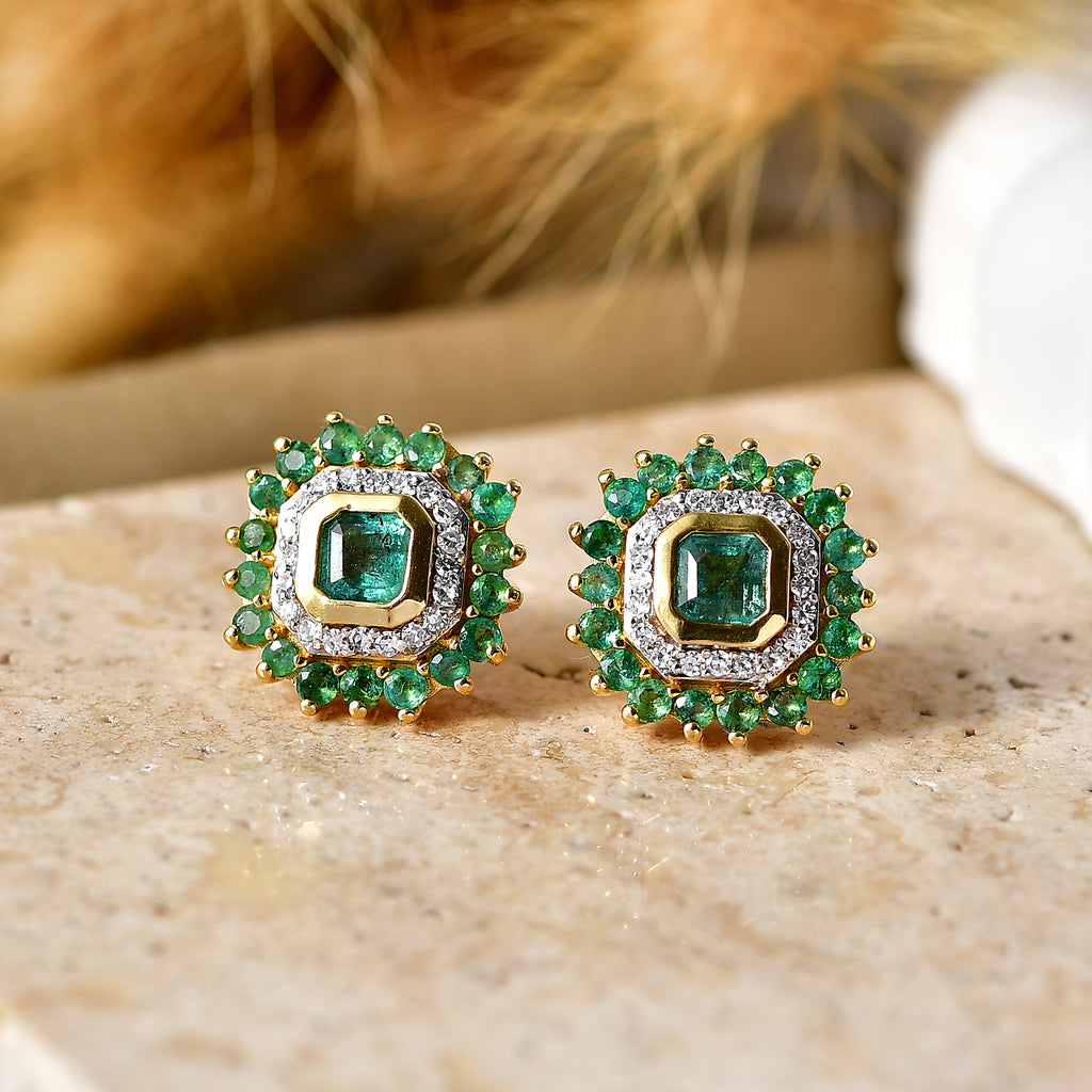 Luxuriant - AAA Gemfields Zambian Emerald & Lab Grown Diamond (SI/G-H) Halo Earring with Push Post in 18K Vermeil Yellow Gold Plated Sterling Silver 1.86 Ct._8588651_2