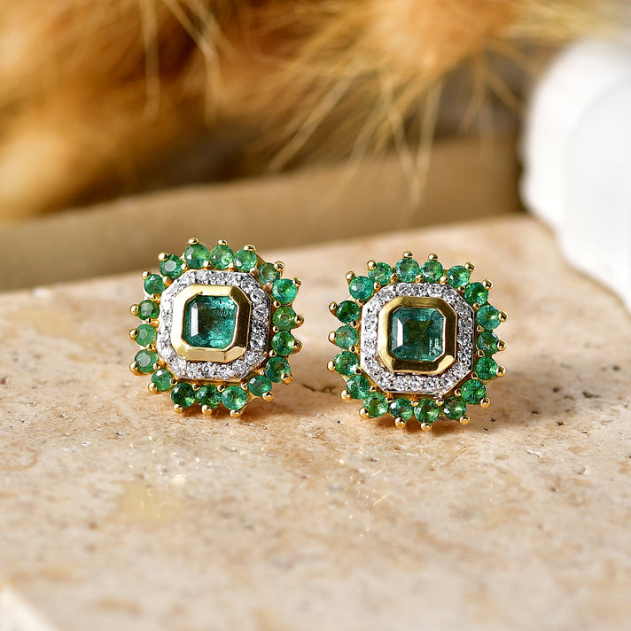 Luxuriant - AAA Gemfields Zambian Emerald &amp; Lab Grown Diamond (SI-G-H) Halo Earring with Push Post in 18K Vermeil Yellow Gold Plated Sterling Silver 1.86 Ct. 8588651 2