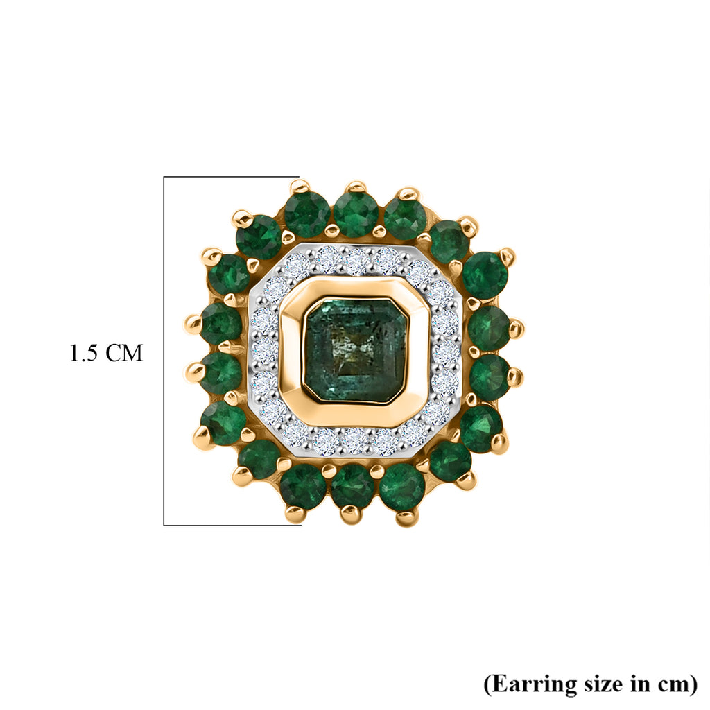 Luxuriant - AAA Gemfields Zambian Emerald & Lab Grown Diamond (SI/G-H) Halo Earring with Push Post in 18K Vermeil Yellow Gold Plated Sterling Silver 1.86 Ct._8588651_4