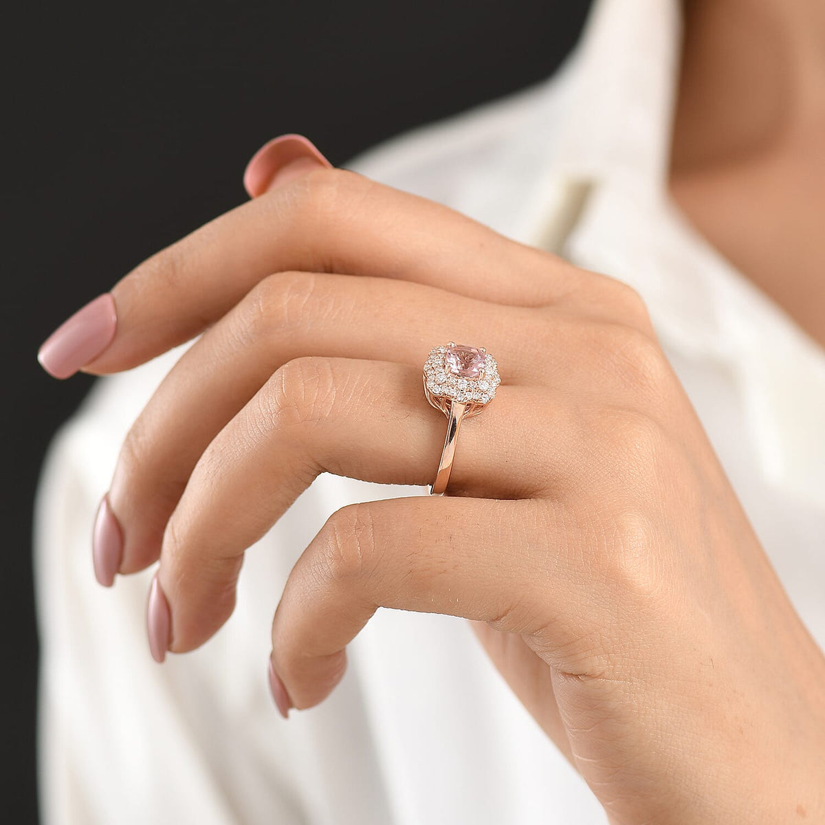 D'Joy - AGI Certified Pink Morganite &amp; Moissanite Halo Ring in 18K Vermeil Rose Gold Plated Sterling Silver 1.60 Ct. 8588762 2