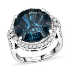 D'Joy London Blue Topaz, Moissanite Main Stone With Surrounding Stone Ring in Rhodium OverlaySterling Silver, Silver Wt.5.48 Gms  13.110  Ct._8588863