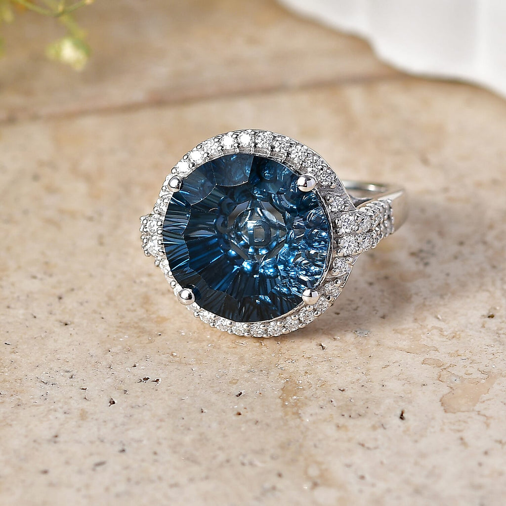 D'Joy London Blue Topaz, Moissanite Main Stone With Surrounding Stone Ring in Rhodium OverlaySterling Silver, Silver Wt.5.48 Gms  13.110  Ct._8588863_1