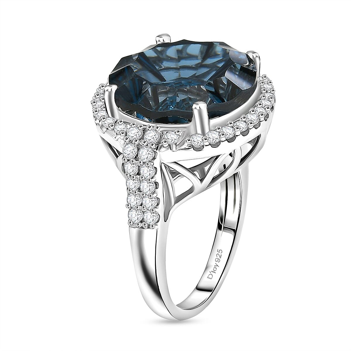 Certified and Appraised D'Joy London Blue Topaz, Moissanite Main Stone With Surrounding Stone Ring in Rhodium Overlay Sterling Silver, Silver Wt.5.48 Gms  13.110  Ct. 8588863 3