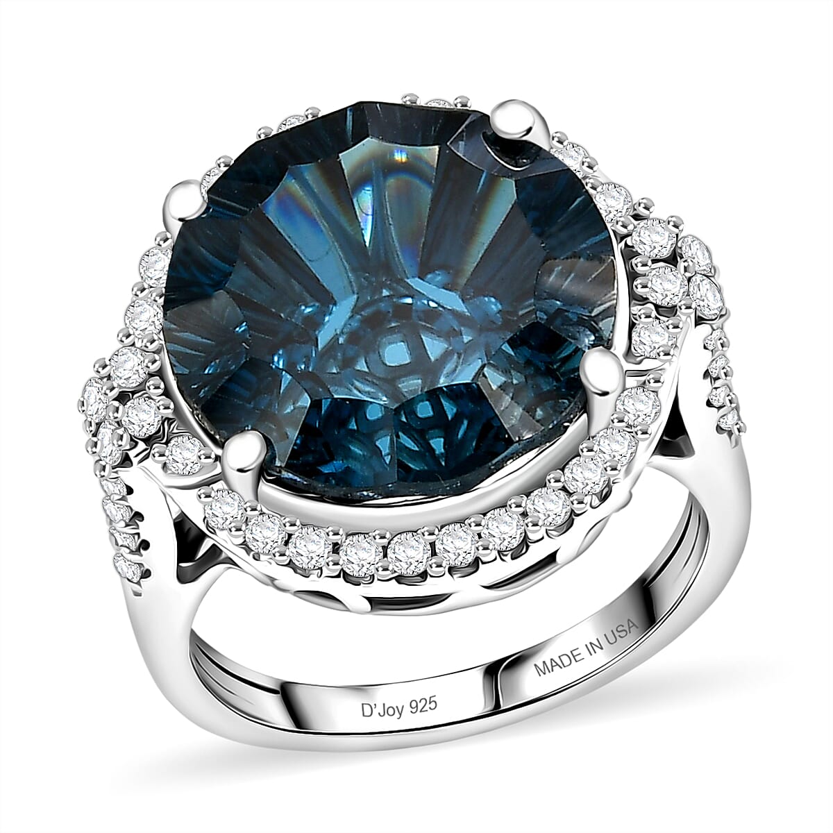 Certified and Appraised D'Joy London Blue Topaz, Moissanite Main Stone With Surrounding Stone Ring in Rhodium Overlay Sterling Silver  13.110  Ct. 8588864 0