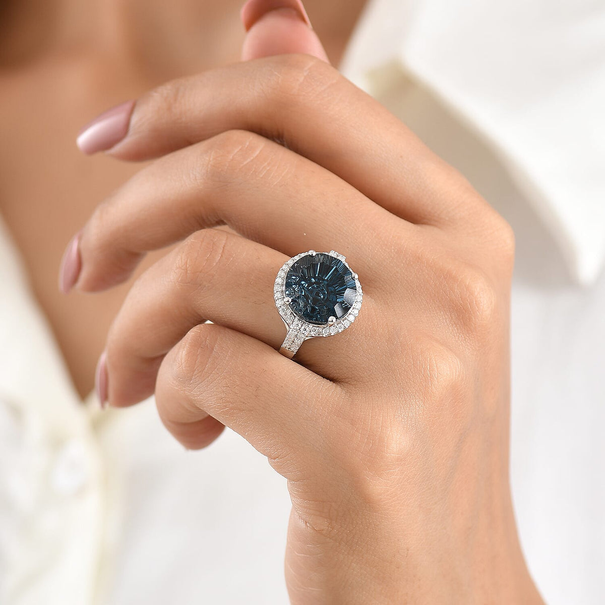 Certified and Appraised D'Joy London Blue Topaz, Moissanite Main Stone With Surrounding Stone Ring in Rhodium Overlay Sterling Silver  13.110  Ct. 8588864 2