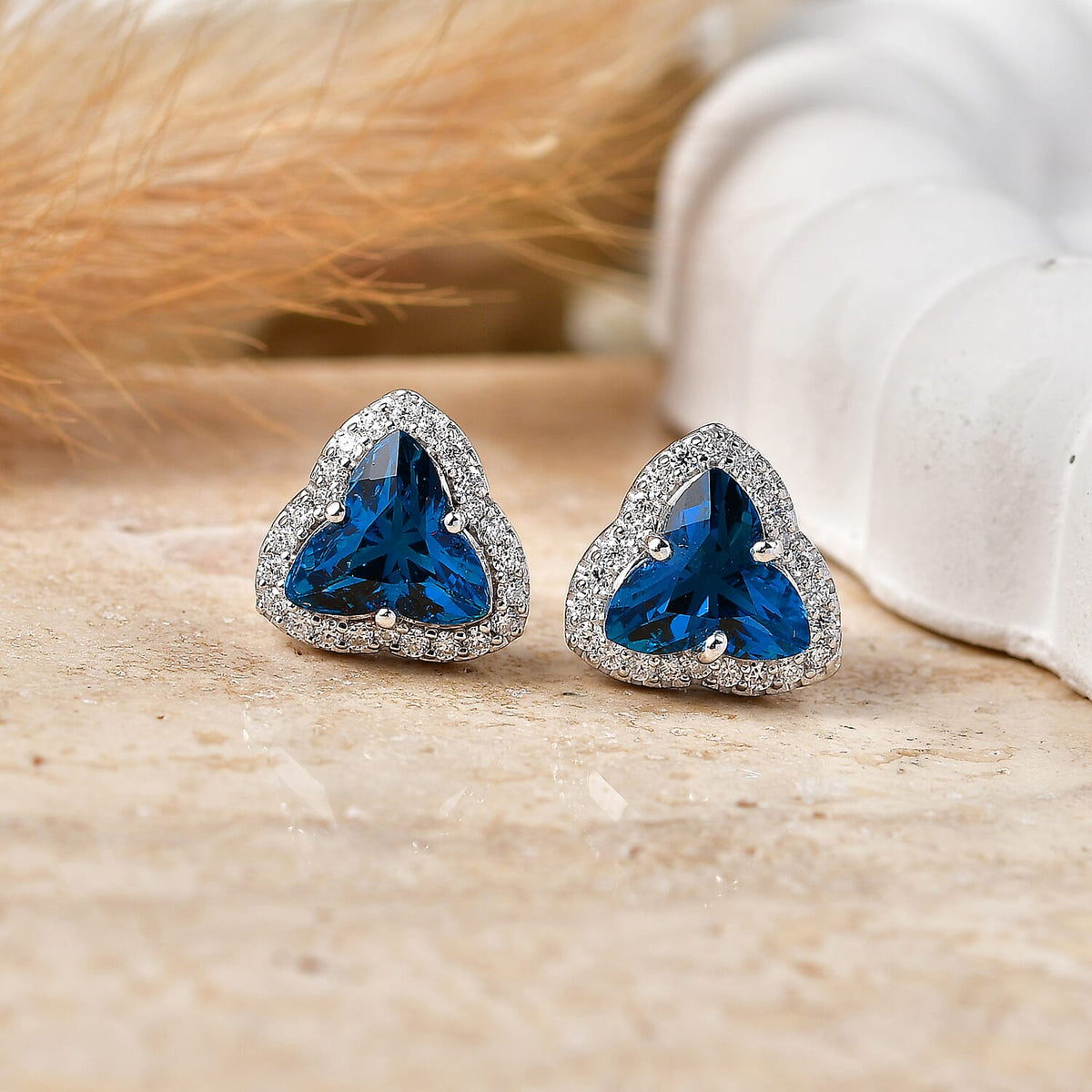 D'Joy London Blue Topaz, Moissanite Main Stone With Surrounding Stone Earring in Rhodium OverlaySterling Silver  5.000  Ct. 8588886 1