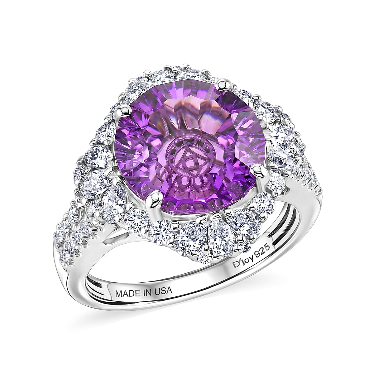 Certified and Appraised D'Joy Amethyst, Moissanite Main Stone With Surrounding Stone Ring in Rhodium Overlay Sterling Silver 5.580 Ct. 8588889 0
