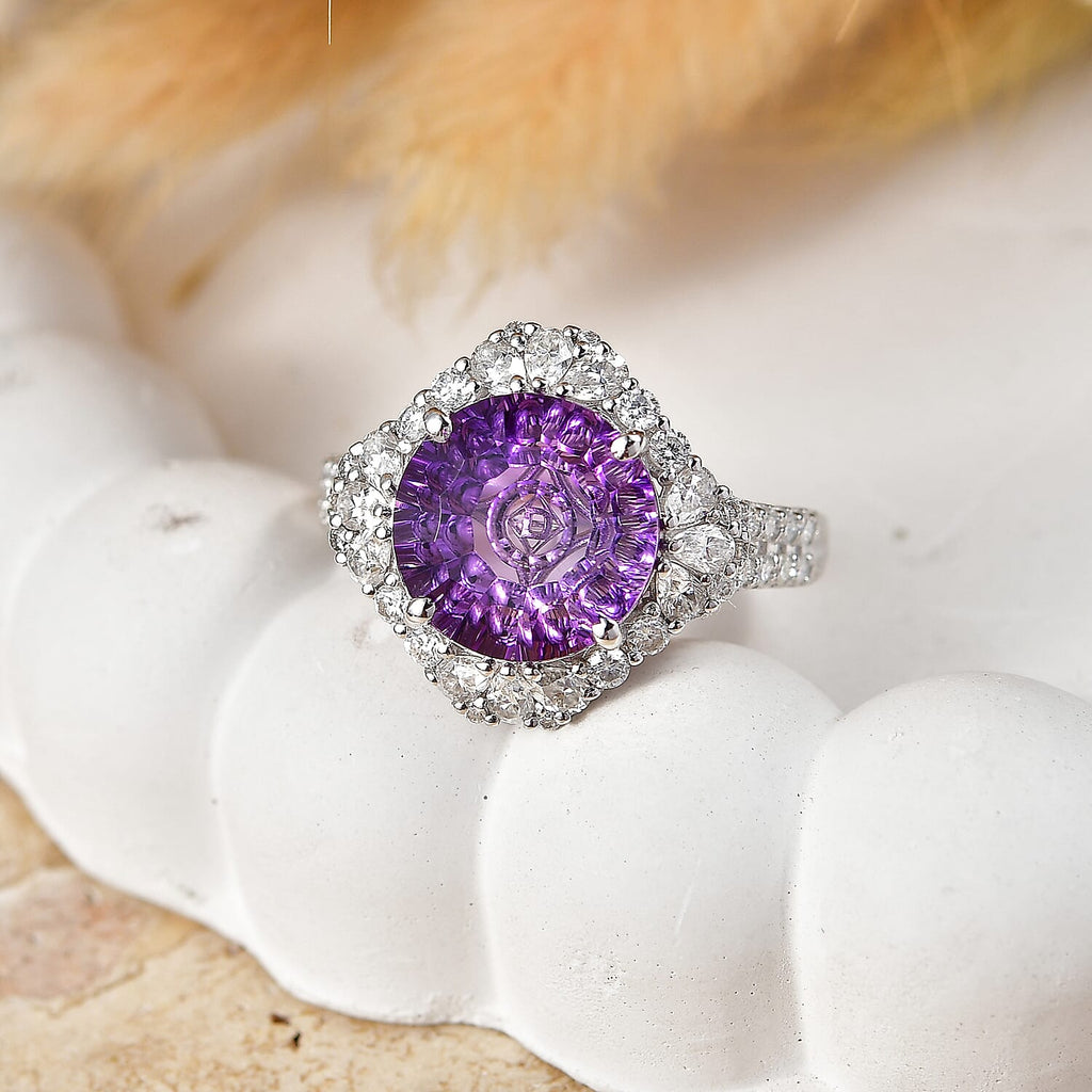 D'Joy Amethyst, Moissanite Main Stone With Surrounding Stone Ring in Rhodium OverlaySterling Silver  5.580  Ct._8588889_1