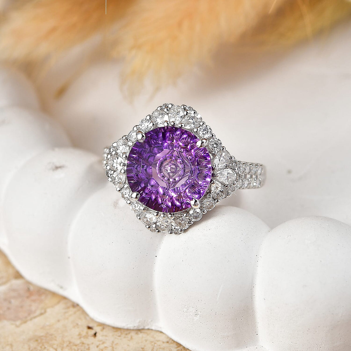 Certified and Appraised D'Joy Amethyst, Moissanite Main Stone With Surrounding Stone Ring in Rhodium Overlay Sterling Silver 5.580 Ct. 8588889 1