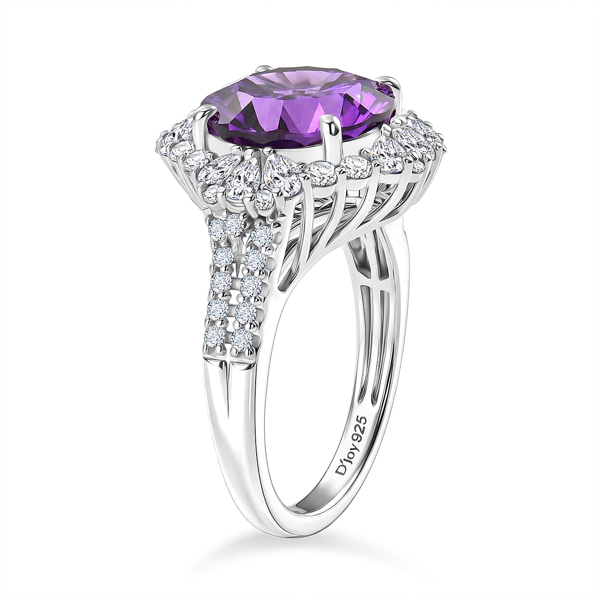 Certified and Appraised D'Joy Amethyst, Moissanite Main Stone With Surrounding Stone Ring in Rhodium Overlay Sterling Silver 5.580 Ct. 8588889 3
