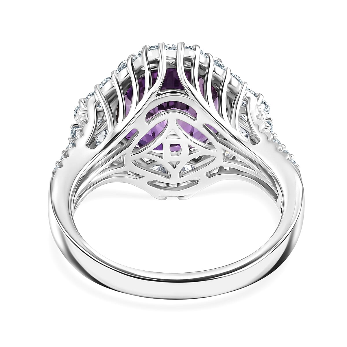 Certified and Appraised D'Joy Amethyst, Moissanite Main Stone With Surrounding Stone Ring in Rhodium Overlay Sterling Silver 5.580 Ct. 8588889 4