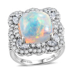 D'Joy Ethiopian Opal, Moissanite Main Stone With Surrounding Stone Ring in Rhodium OverlaySterling Silver, Silver Wt.5.83 Gms  6.200  Ct._8588895