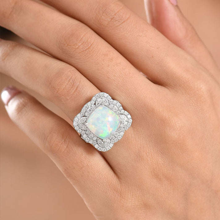 D'Joy Ethiopian Opal, Moissanite Main Stone With Surrounding Stone Ring in Rhodium OverlaySterling Silver, Silver Wt.5.83 Gms  6.200  Ct. 8588895 2