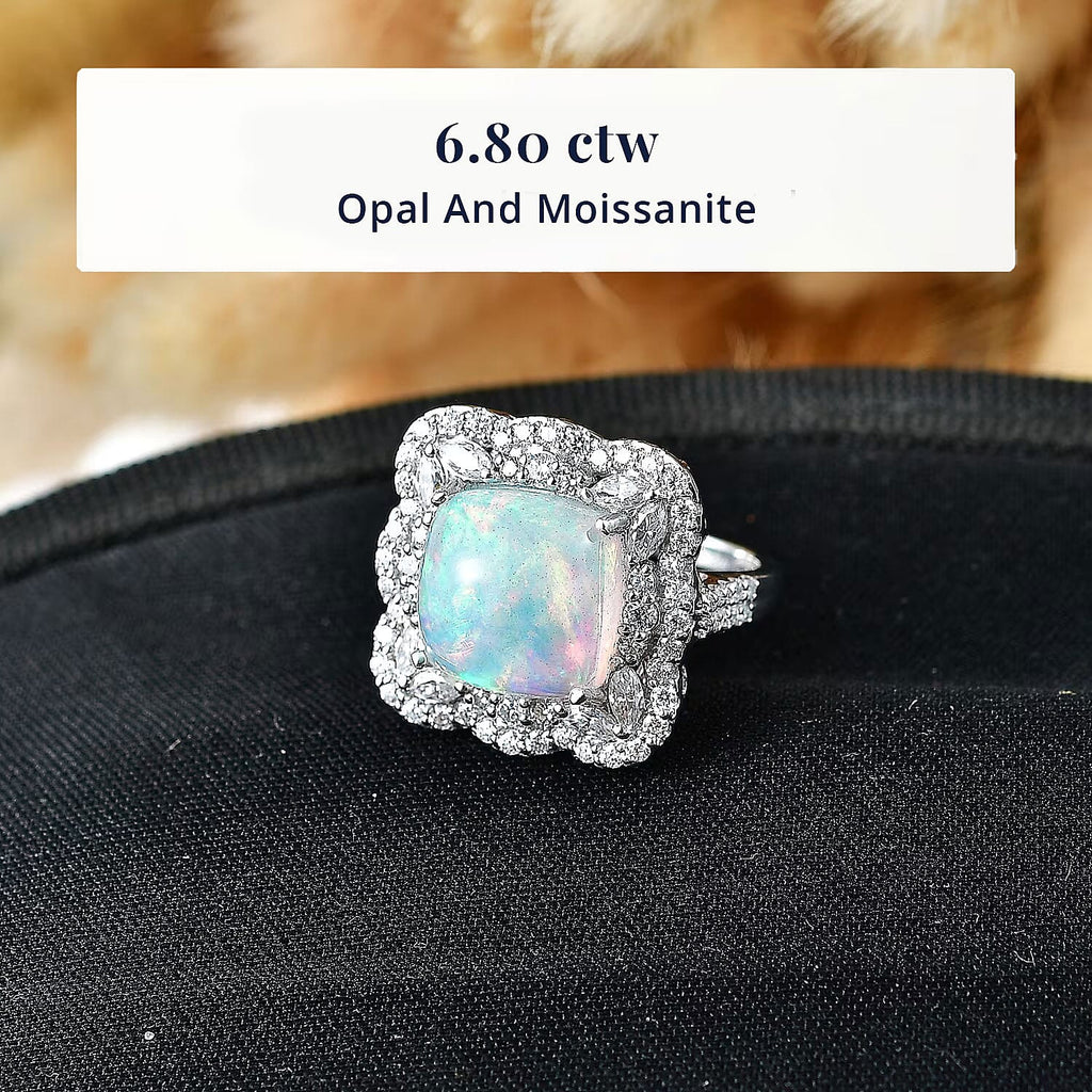 D'Joy Ethiopian Opal, Moissanite Main Stone With Surrounding Stone Ring in Rhodium OverlaySterling Silver, Silver Wt.5.83 Gms  6.200  Ct._8588895_2