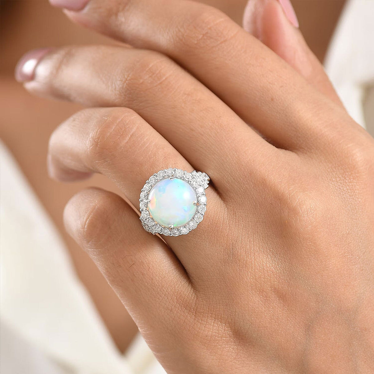 Certified and Appraised D'Joy Ethiopian Opal, Moissanite Main Stone With Surrounding Stone Ring in Rhodium Overlay Sterling Silver 4.630 Ct. 8588903 1